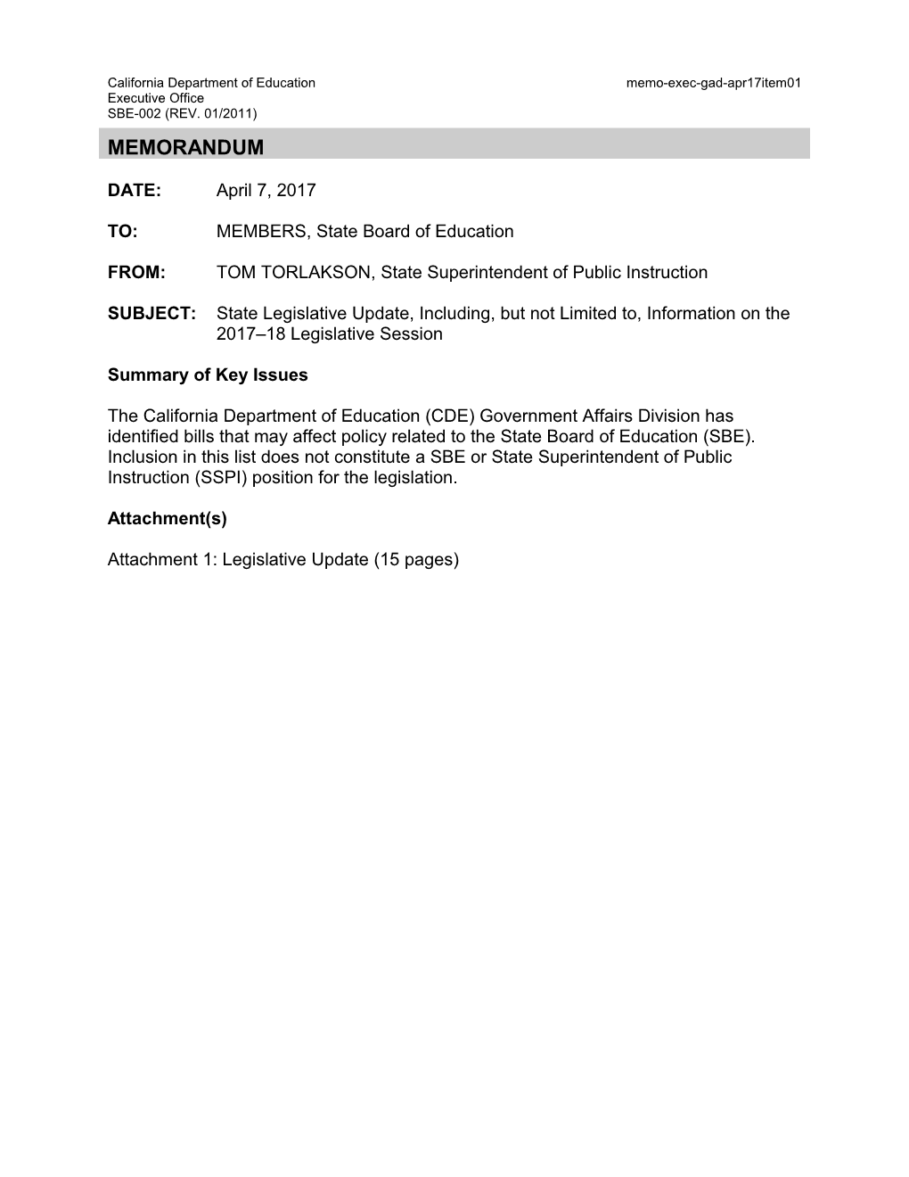 April 2017 Memo GAD Item 01 - Information Memorandum (CA State Board of Education)