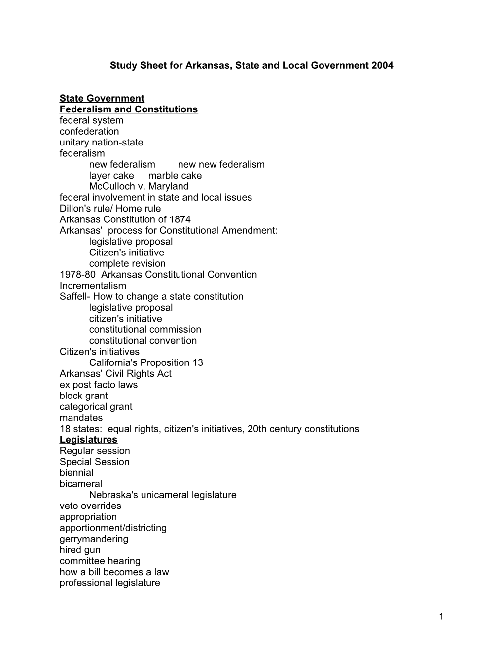 Study Sheet for Arkansas, State and Local Government 2004