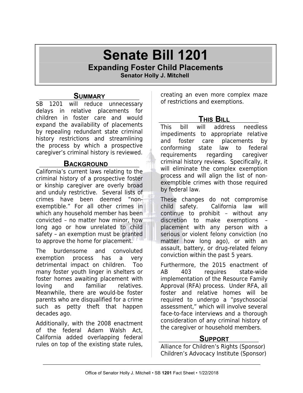 Office of Senator Holly J. Mitchell SB 1201 Fact Sheet 2/18/2016