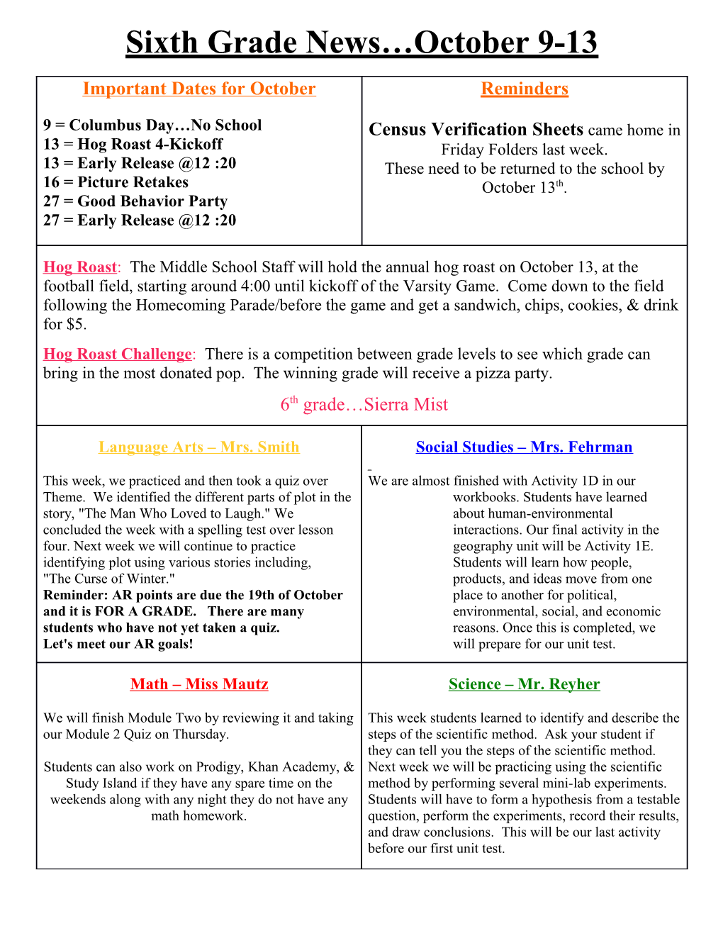 Sixth Grade News October 9-13