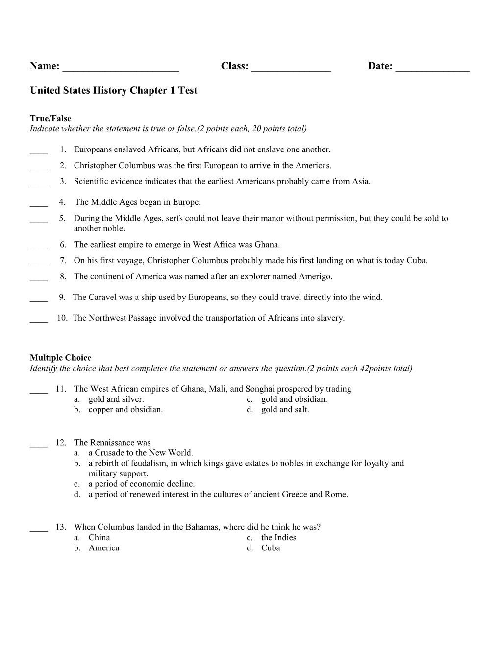 United States History Chapter 1 Test