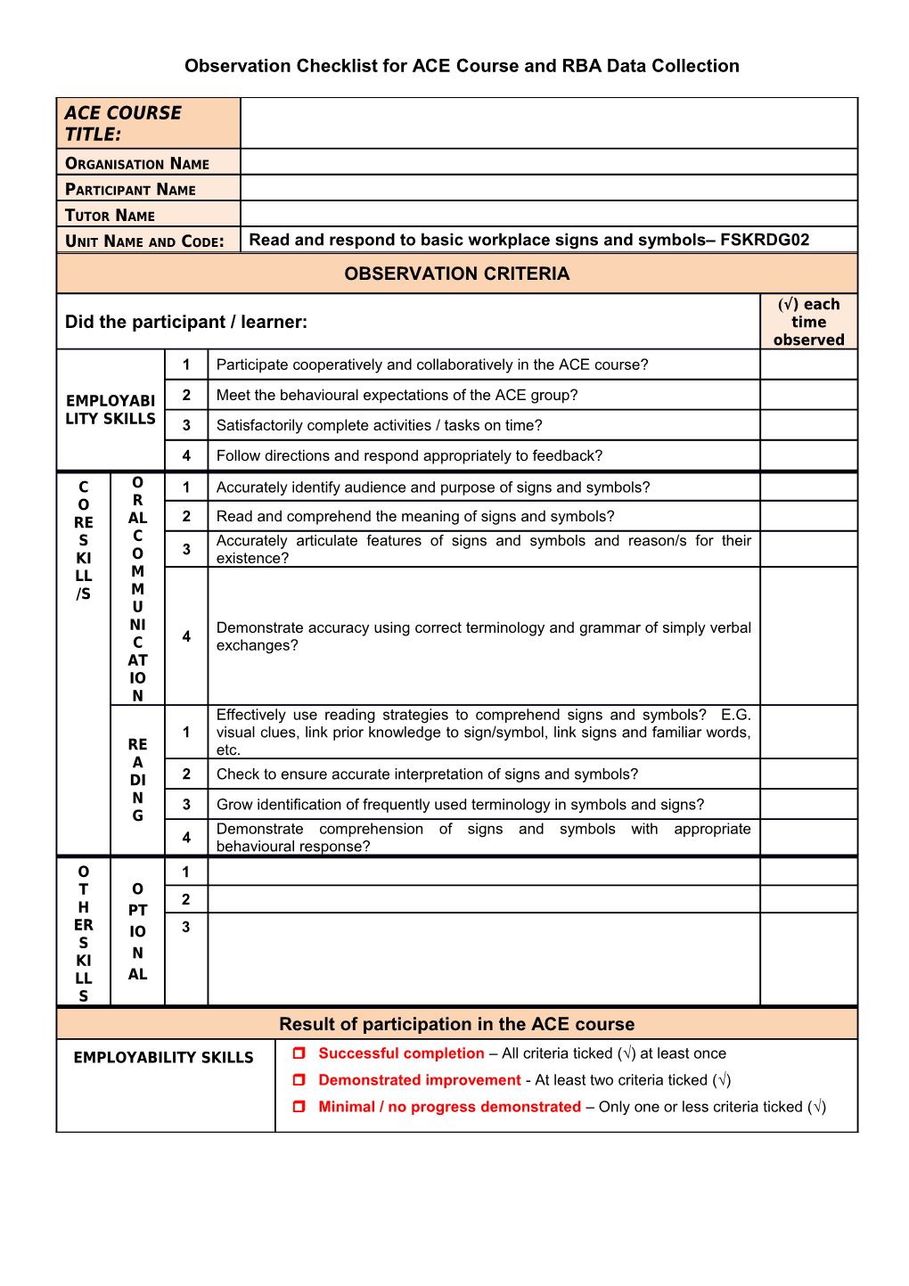 Observation Checklist for ACE Course and RBA Data Collection