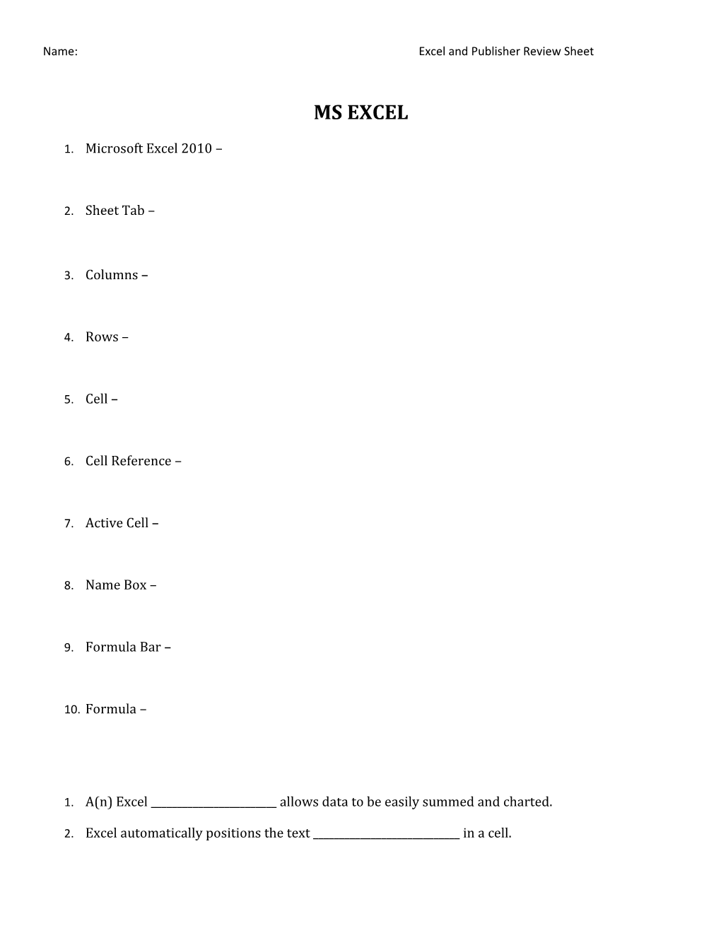 Name:Excel and Publisher Review Sheet