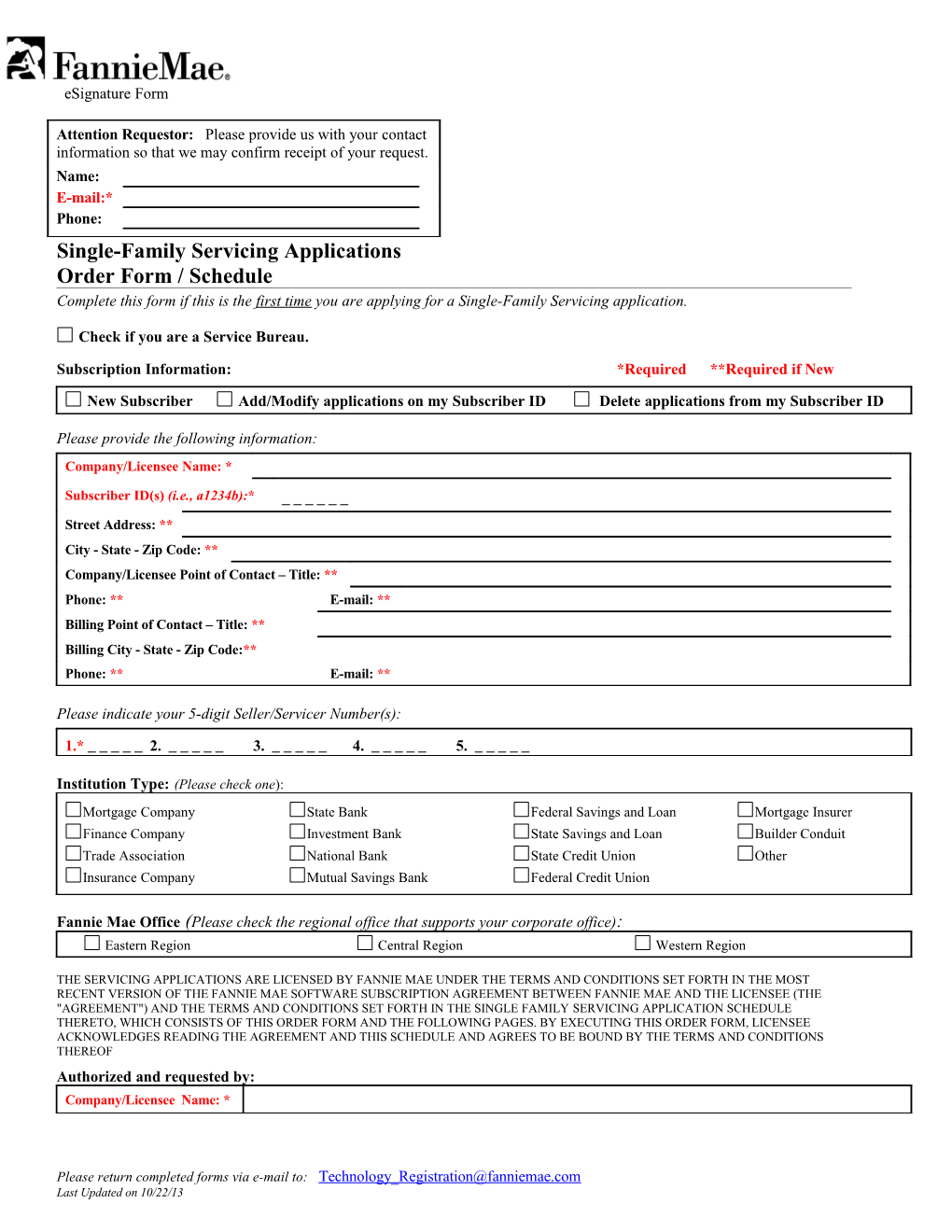 Single Family Servicing Applications Order Form/Schedule