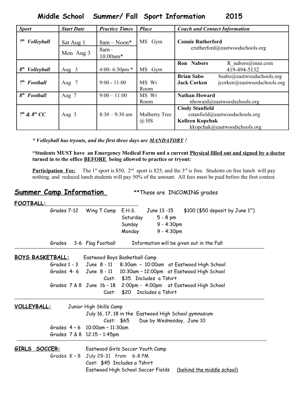 Summer and Fall Sport Information