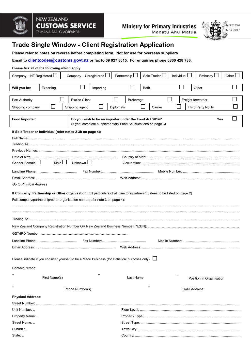 NZCS 224 - Trade Single Window - Client Registration Application