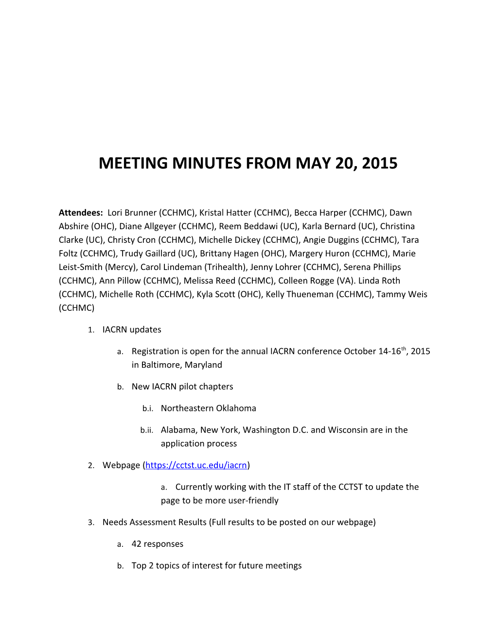Meeting Minutes from May 20, 2015