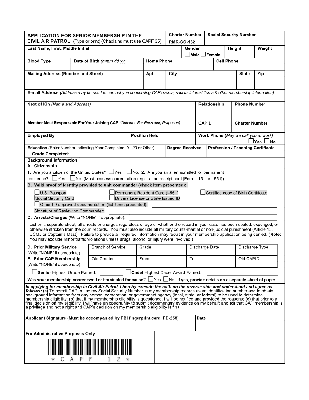 Cap Form 12, Oct 10Frontprevious Editions Will Not Be Used After 31 Dec 2010Opr/Routing: Dp