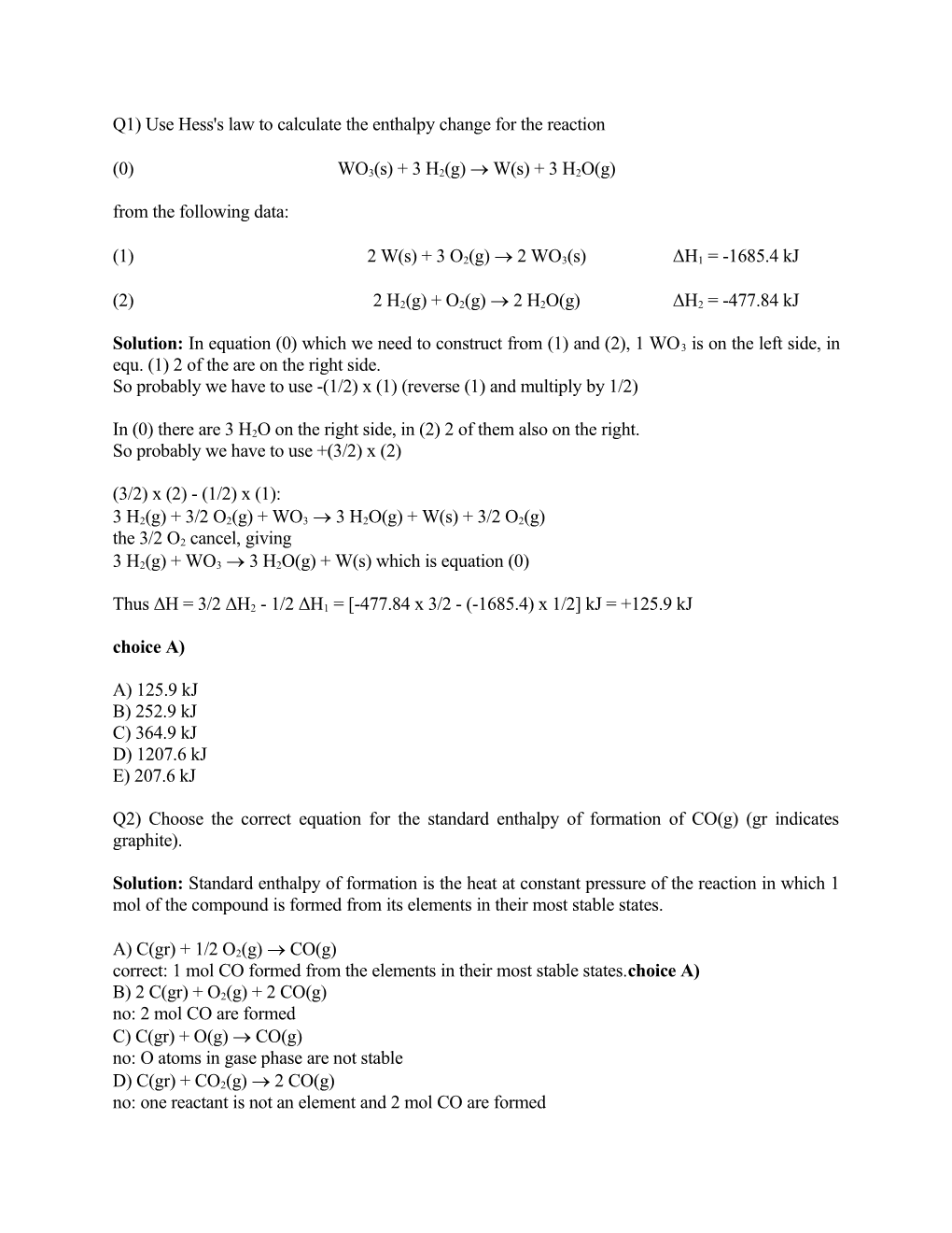 Q1) Use Hess's Law to Calculate the Enthalpy Change for the Reaction