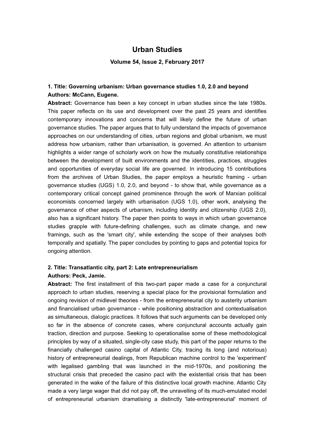 1. Title: Governing Urbanism: Urban Governance Studies 1.0, 2.0 and Beyond