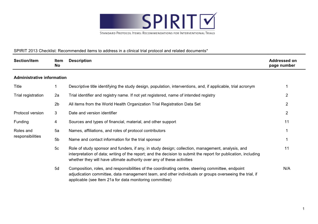 Table 1 SPIRIT 2013 Checklist: Recommended Items to Address in a Clinical Trial Protocol s1