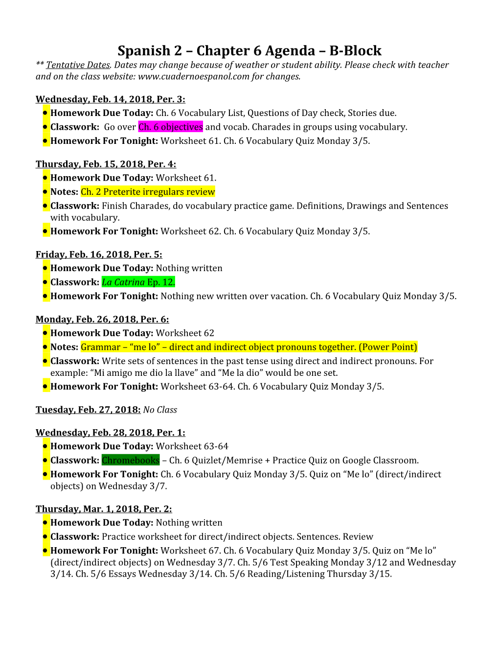 Spanish 2 Chapter 6 Agenda B-Block