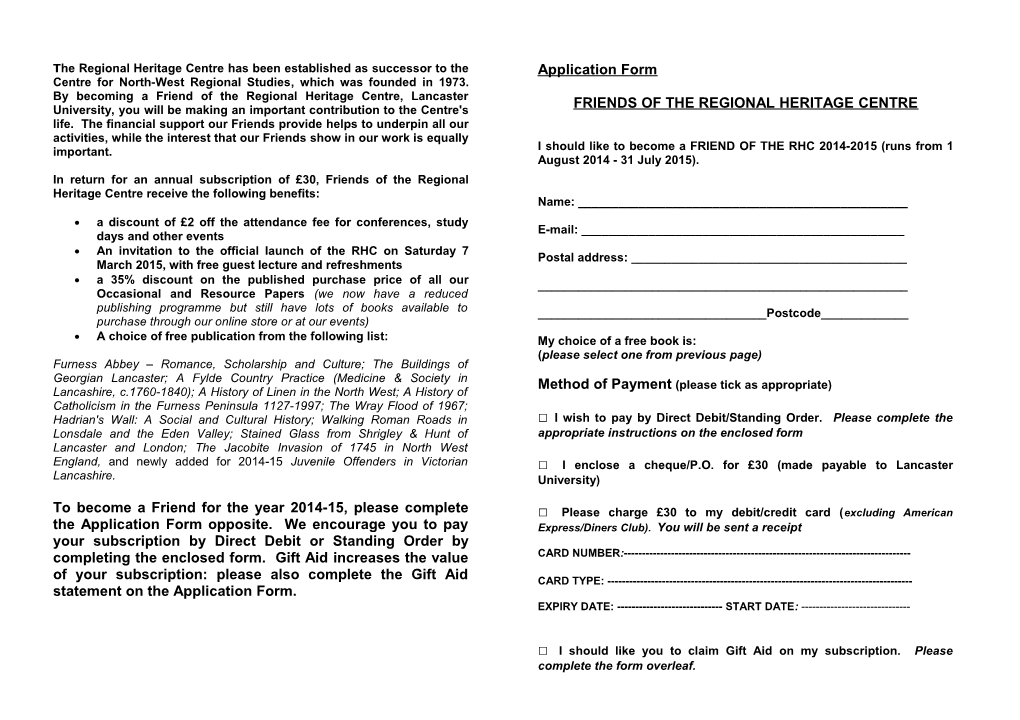 Standing Order Form (Friends of the Centre)