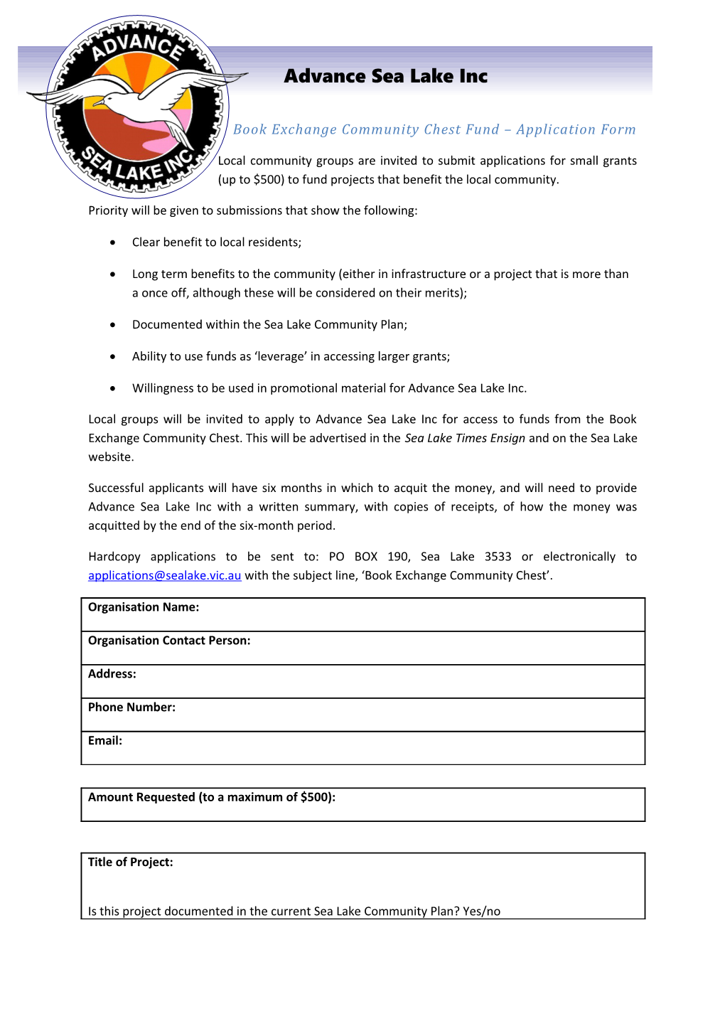 Book Exchange Community Chest Fund Application Form