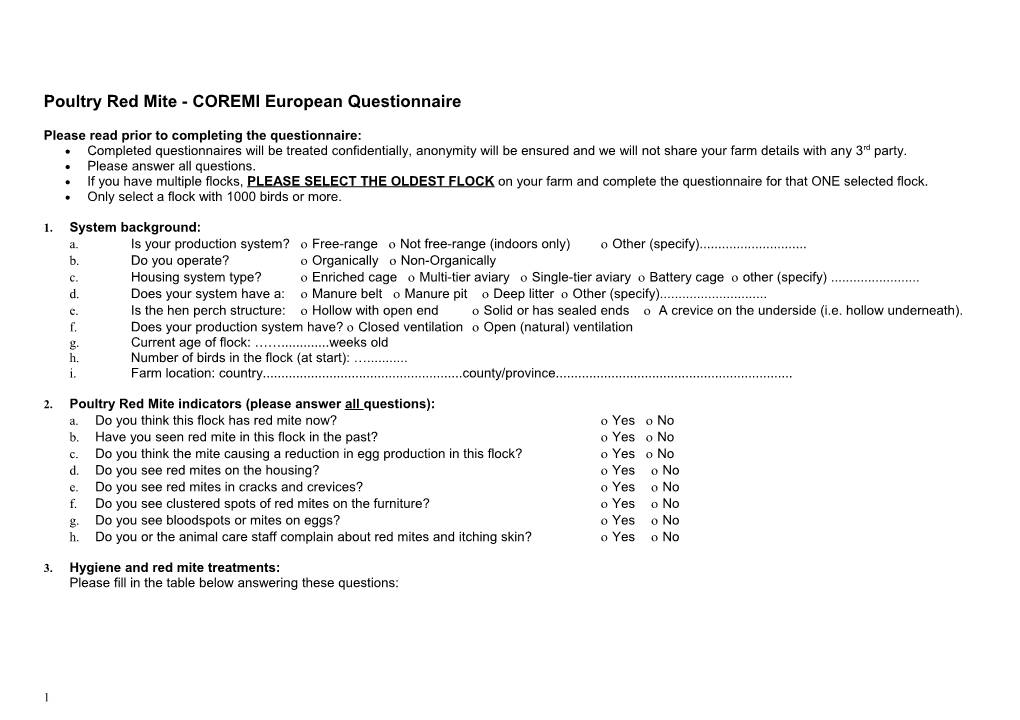 Poultry Red Mite - COREMI European Questionnaire