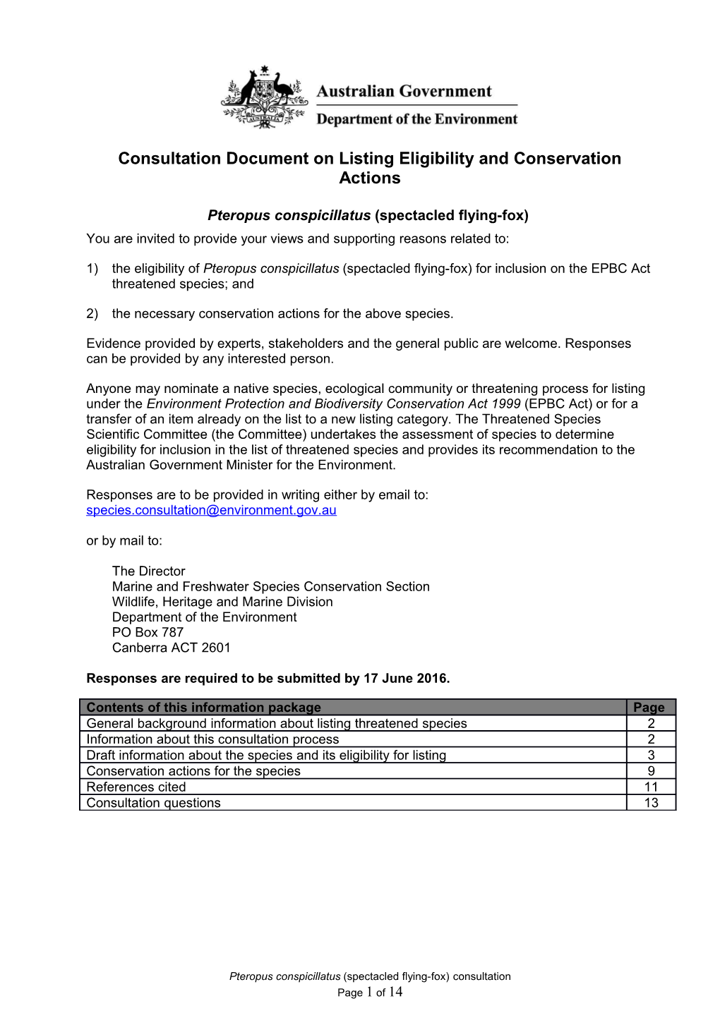 Consultation Document - Pteropus Conspicillatus