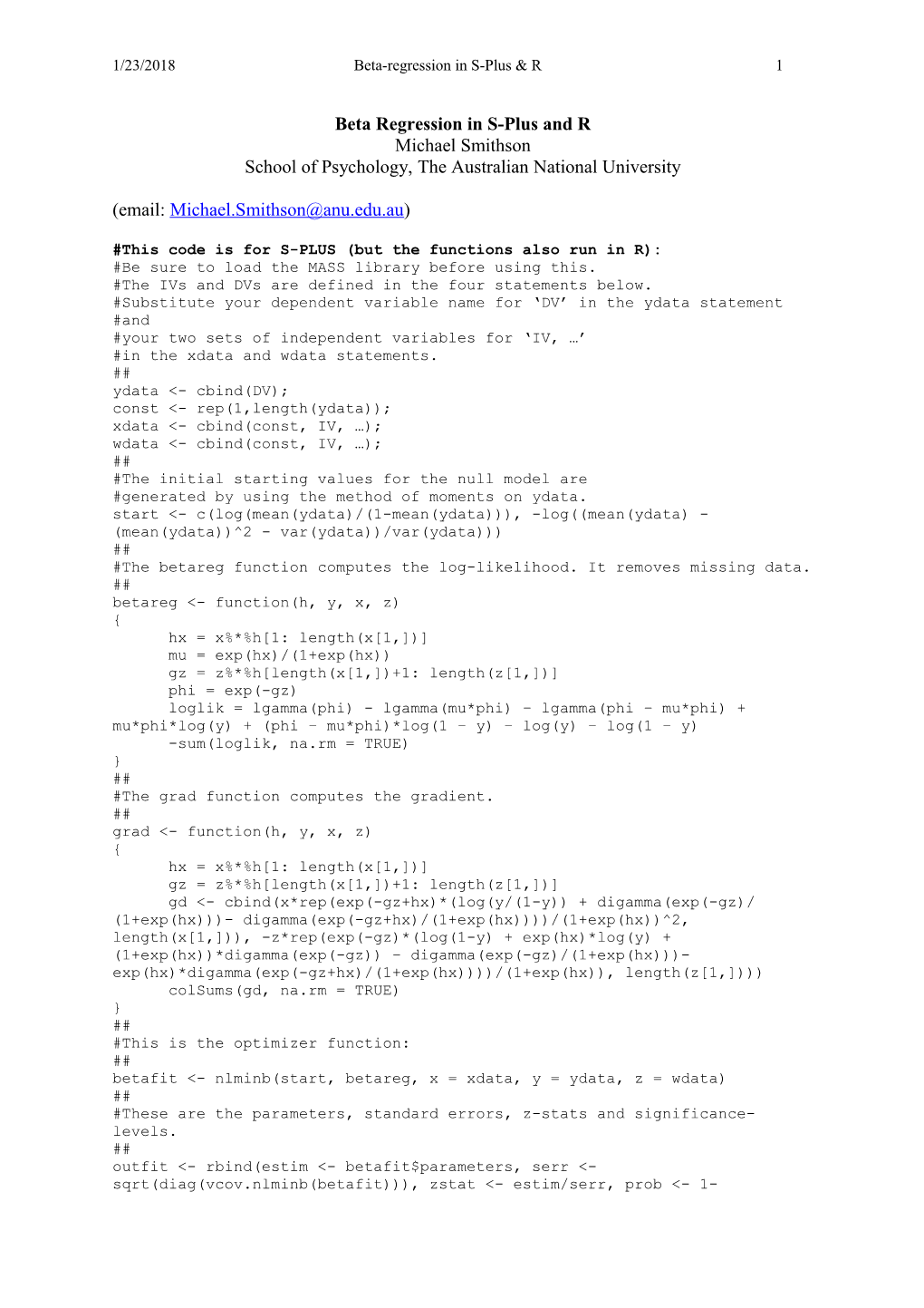 Beta Regression in S-Plus and R