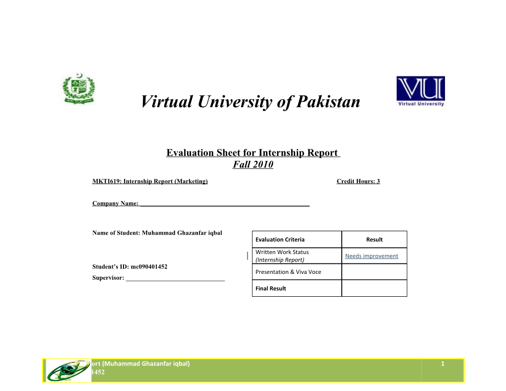 Evaluation Sheet for Internship Report