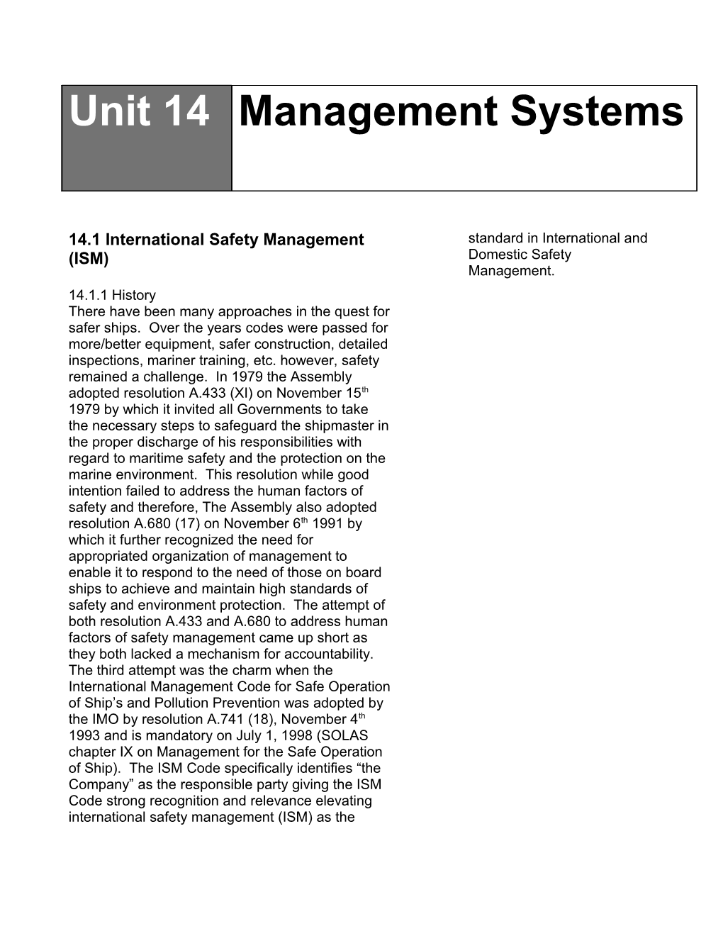14.1 International Safety Management (ISM)