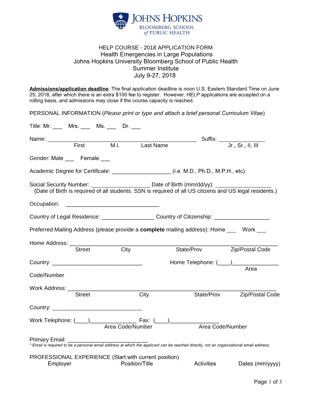 Help Course - 2018 Application Form
