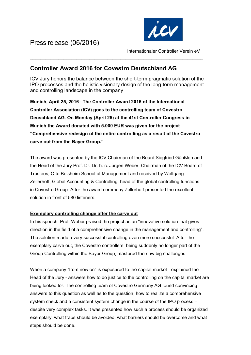 Controller Award 2016 for Covestro Deutschland AG