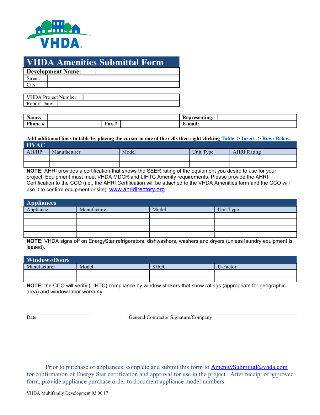 Appliance Submittal Form