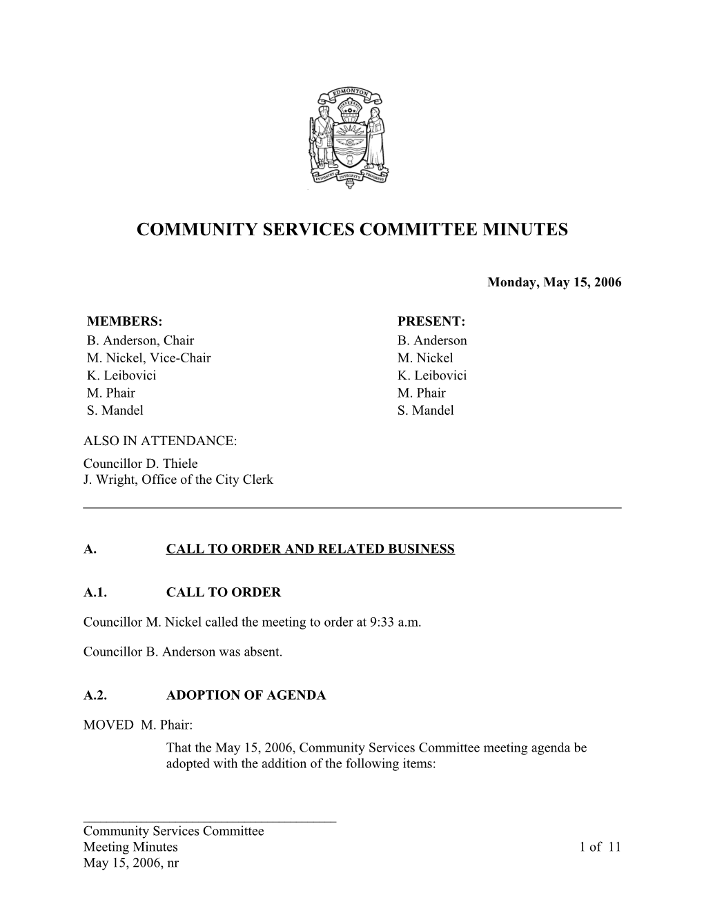 Minutes for Community Services Committee May 15, 2006 Meeting