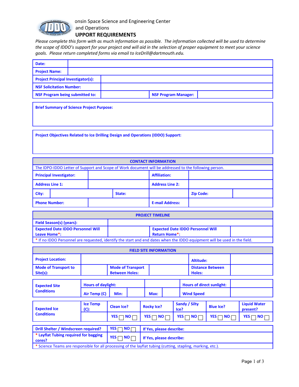 Field Project Support Requirements