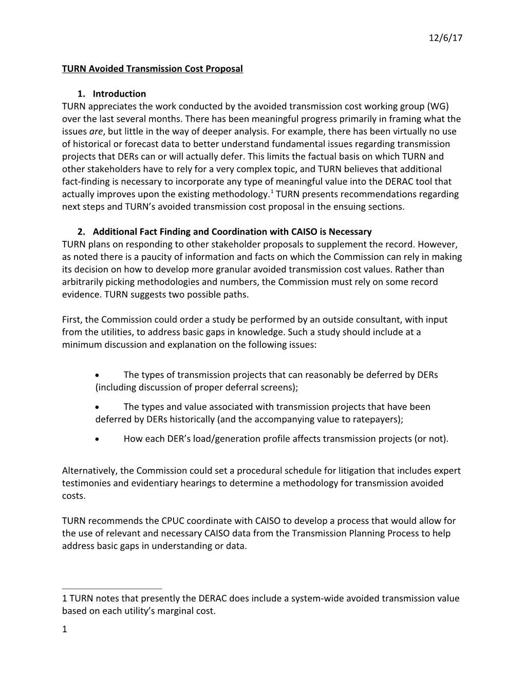 TURN Avoided Transmission Cost Proposal