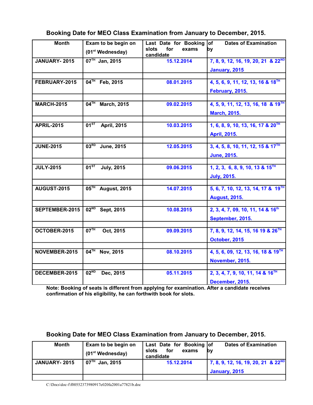 Booking Date for MEO Class Examination from January to December, 2015