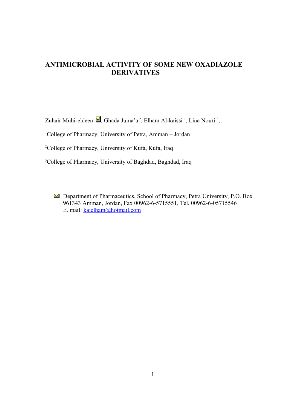 Synthesis and Antibacterial Evaluation of Some Oxadiazole Derivatives