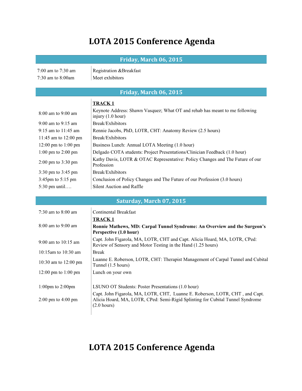 LOTA 2015 Conference Agenda