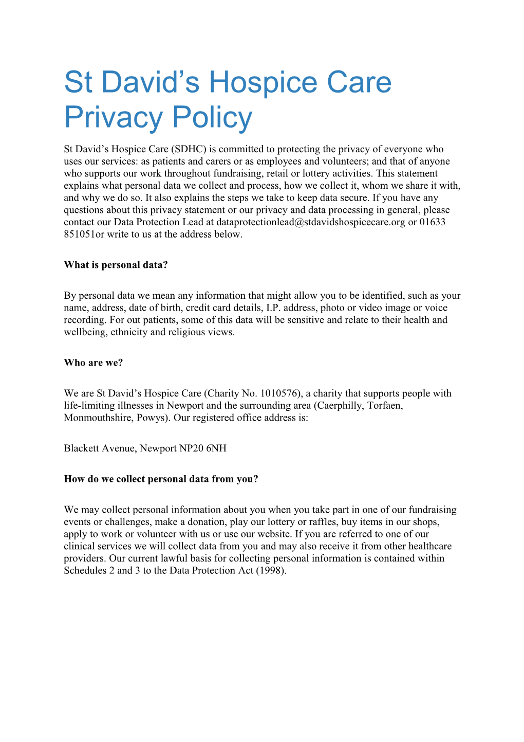 St David S Hospice Care Privacy Policy