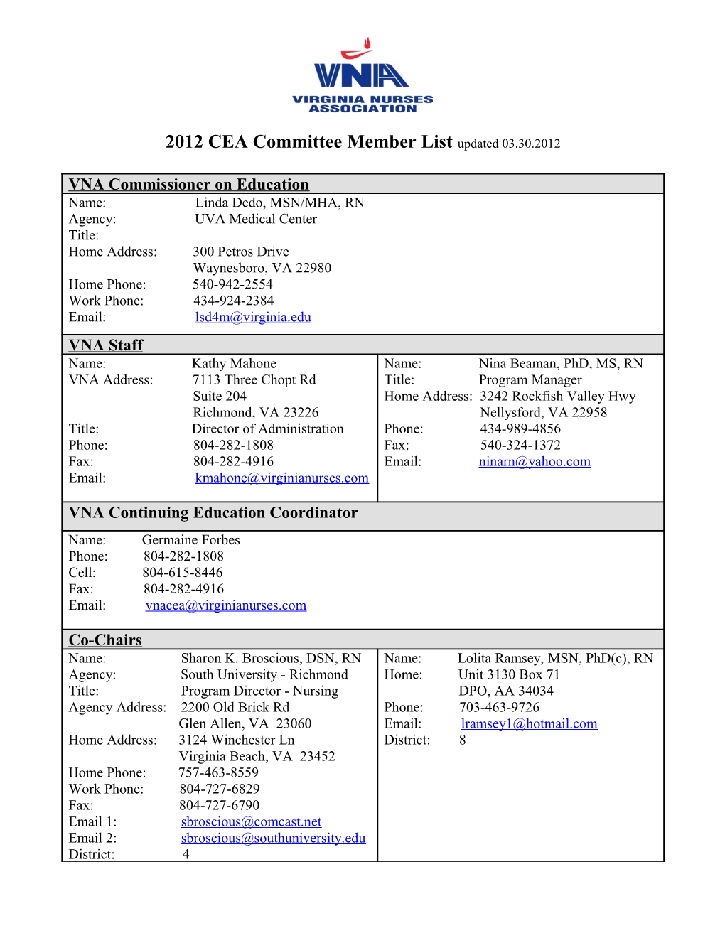 2012 CEA Committee Member List Updated 03.30.2012