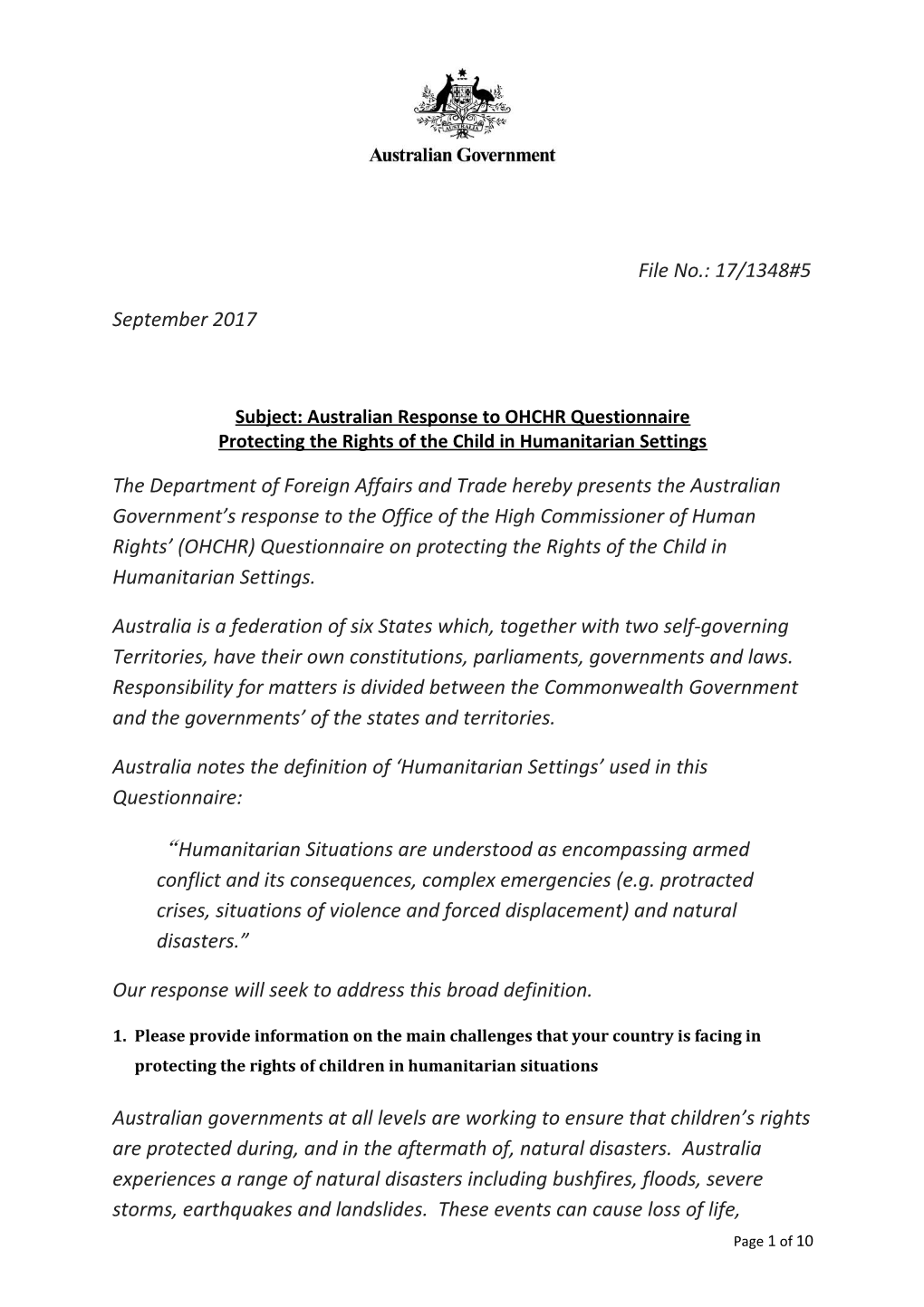 Subject: Australian Response to OHCHR Questionnaire Protecting the Rights of the Child