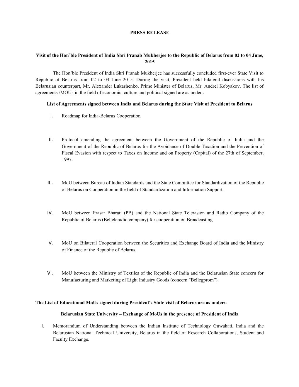 List of Agreements Signed Between India and Belarus During the State Visit of President