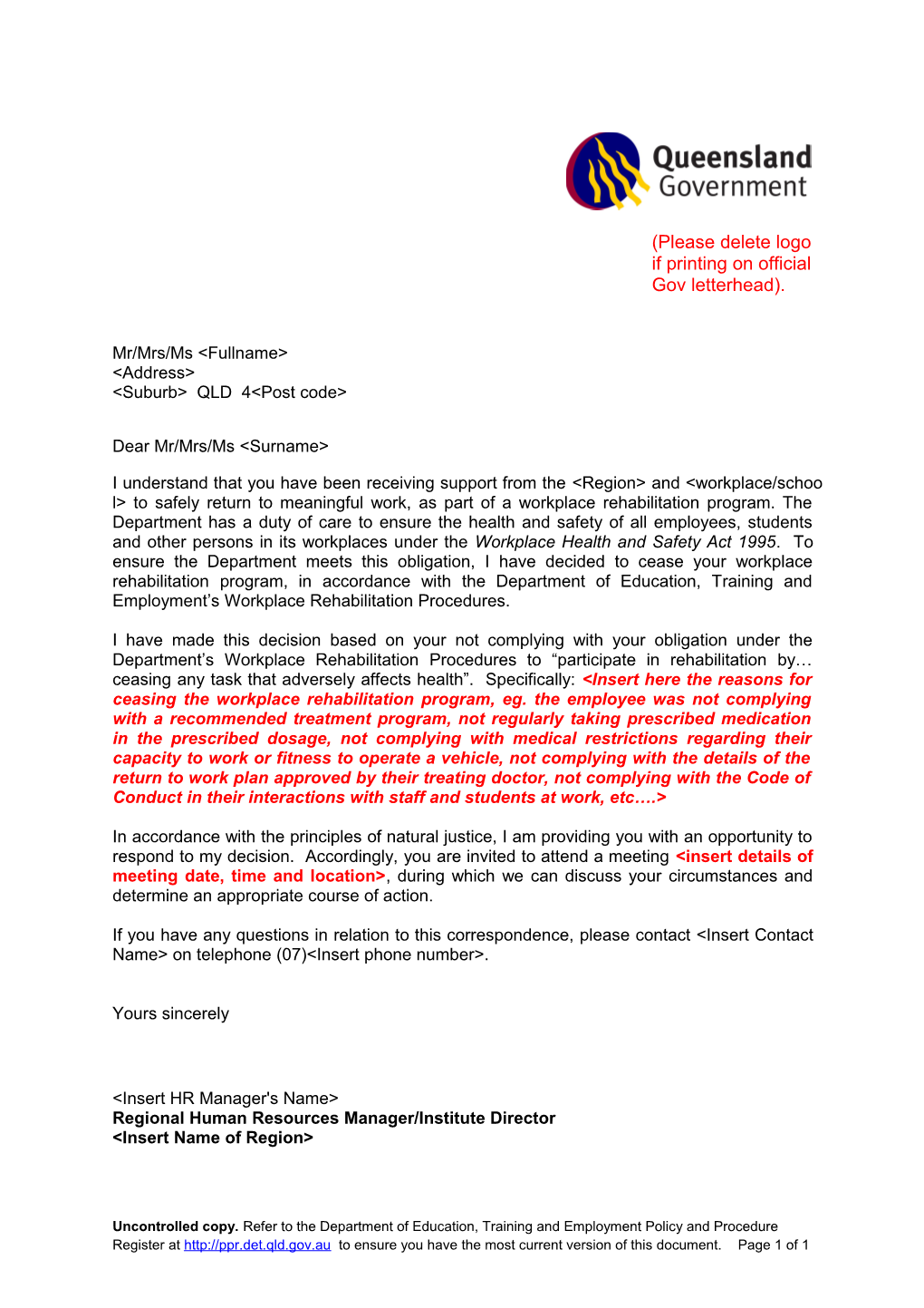 Template - Cessation of Rehabilitation Letter