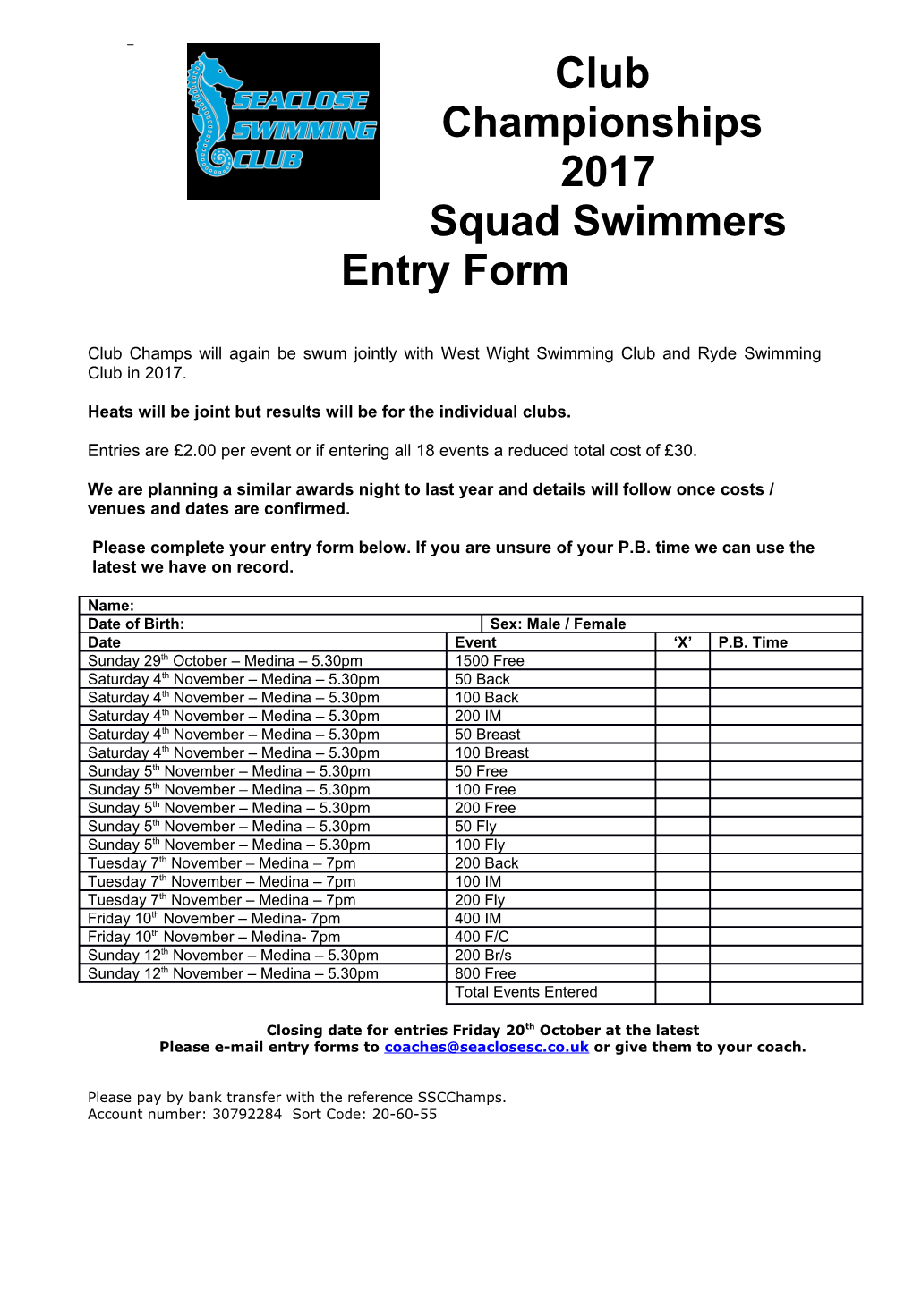 Squad Swimmers Entry Form