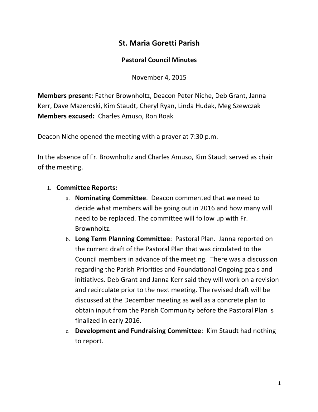 Pastoral Council Minutes