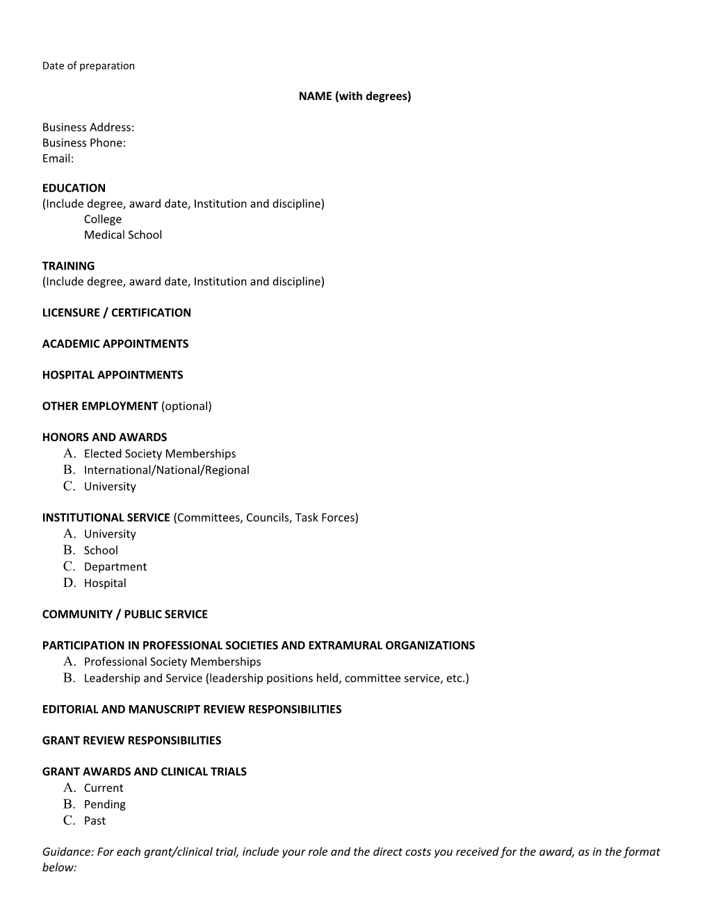 Standardized Curriculum Vitae for Faculty Actions