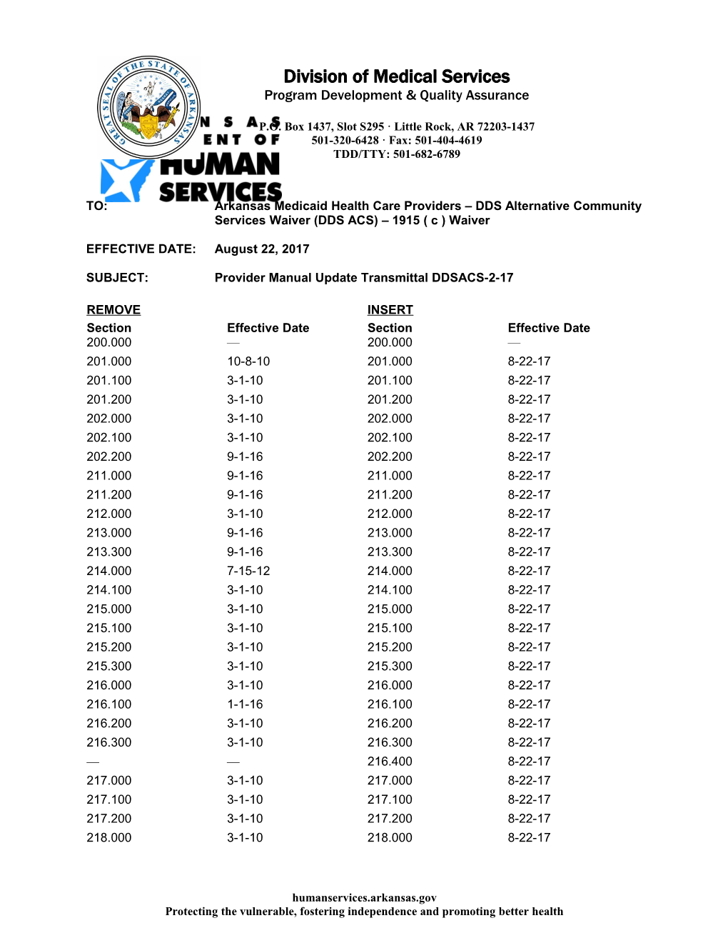 DDSACS-2-17 Transmittal Letter