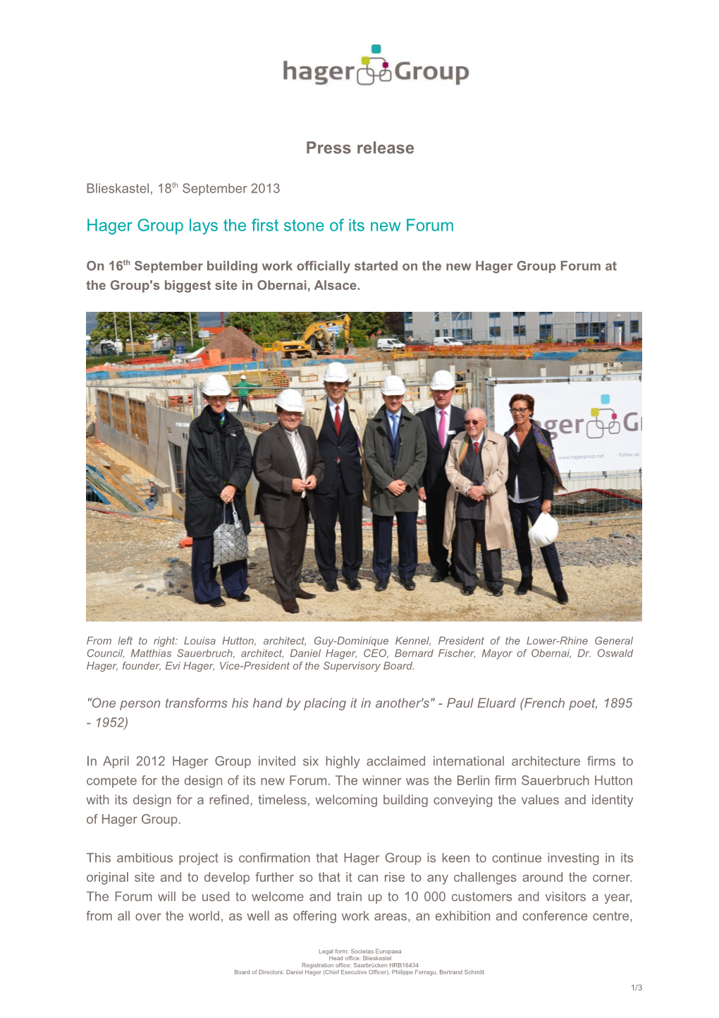 Hager Group Lays the First Stone of Its New Forum