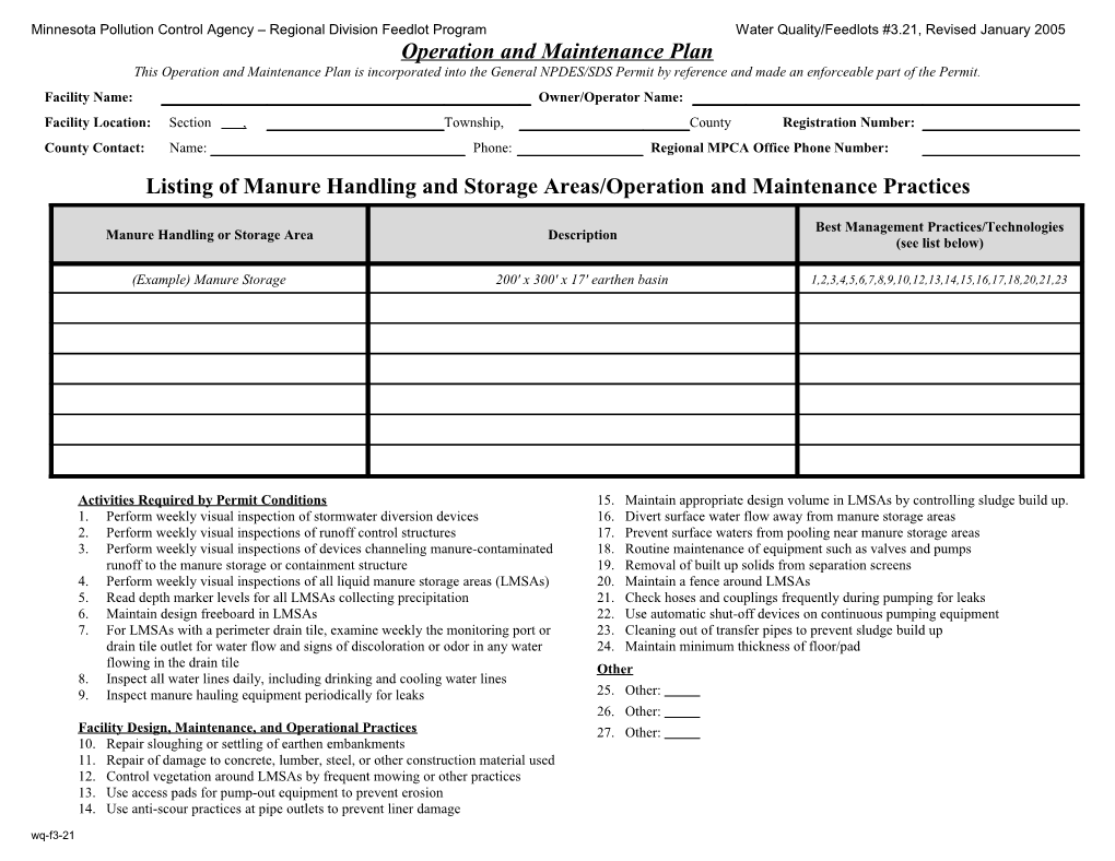 Operation and Maintenance Plan Form