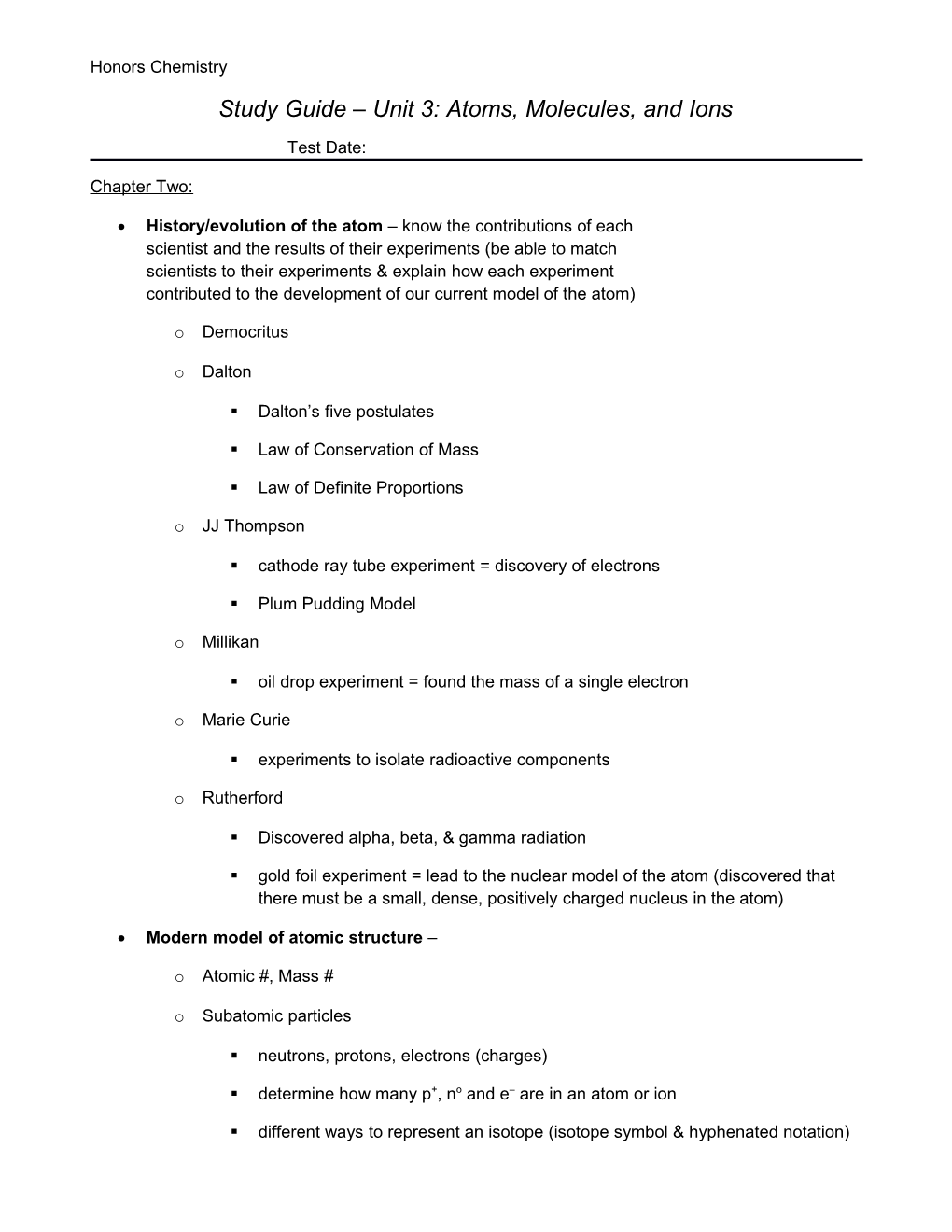 Study Guide Unit 3: Atoms, Molecules, and Ions