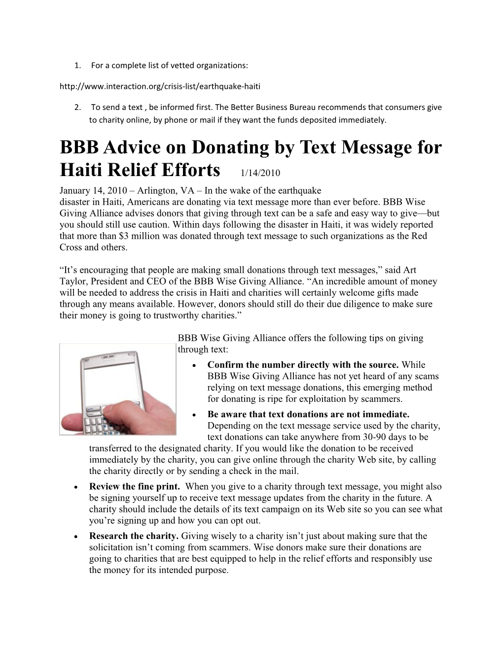 BBB Advice on Donating by Text Message for Haiti Relief Efforts 1/14/2010