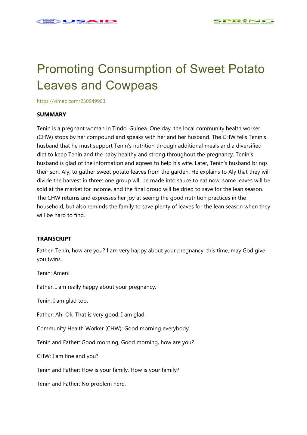 Promoting Consumption of Sweet Potato Leaves and Cowpeas