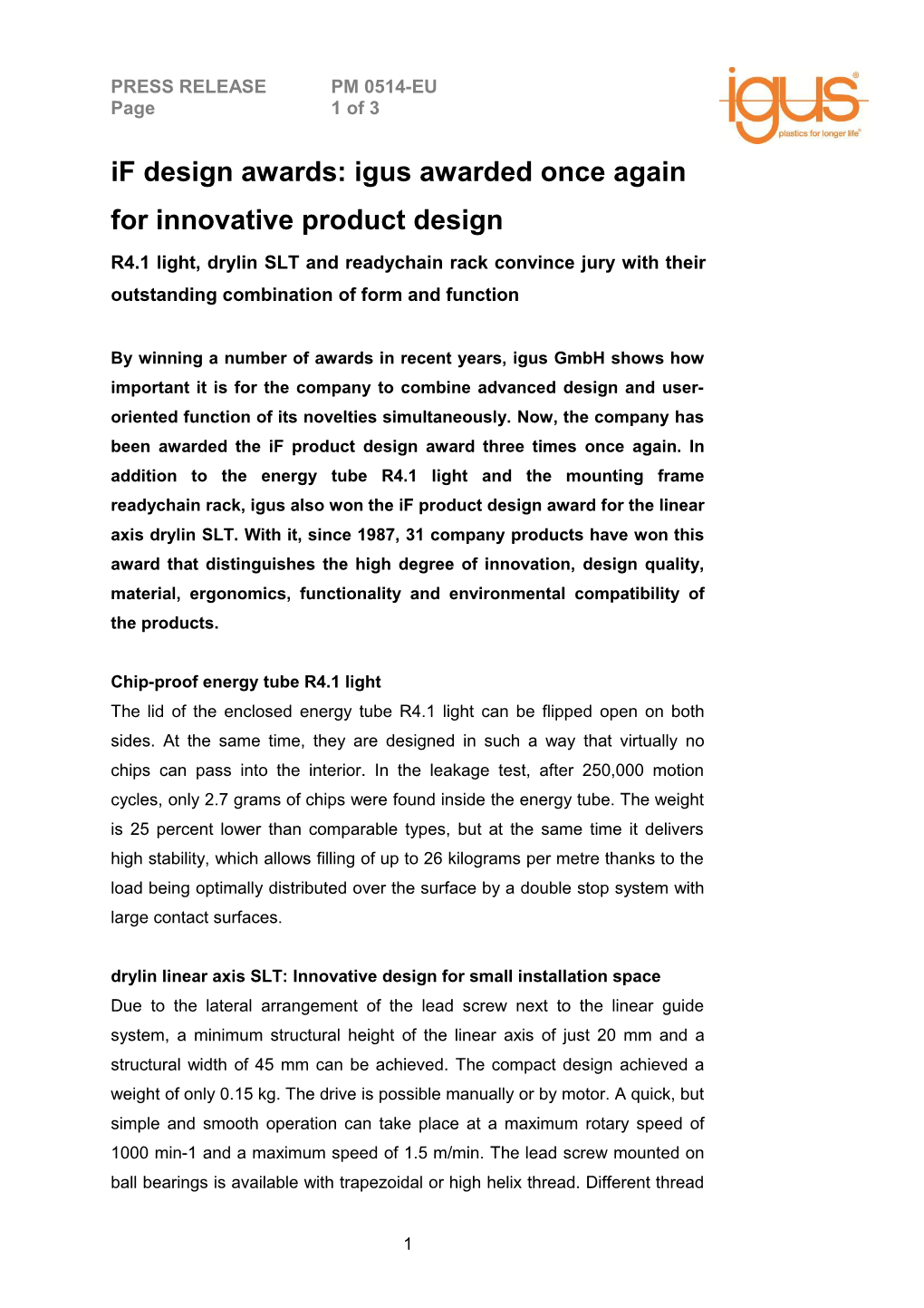 If Product Design Award Für Drylin SLT, Readychain Rack Und R4