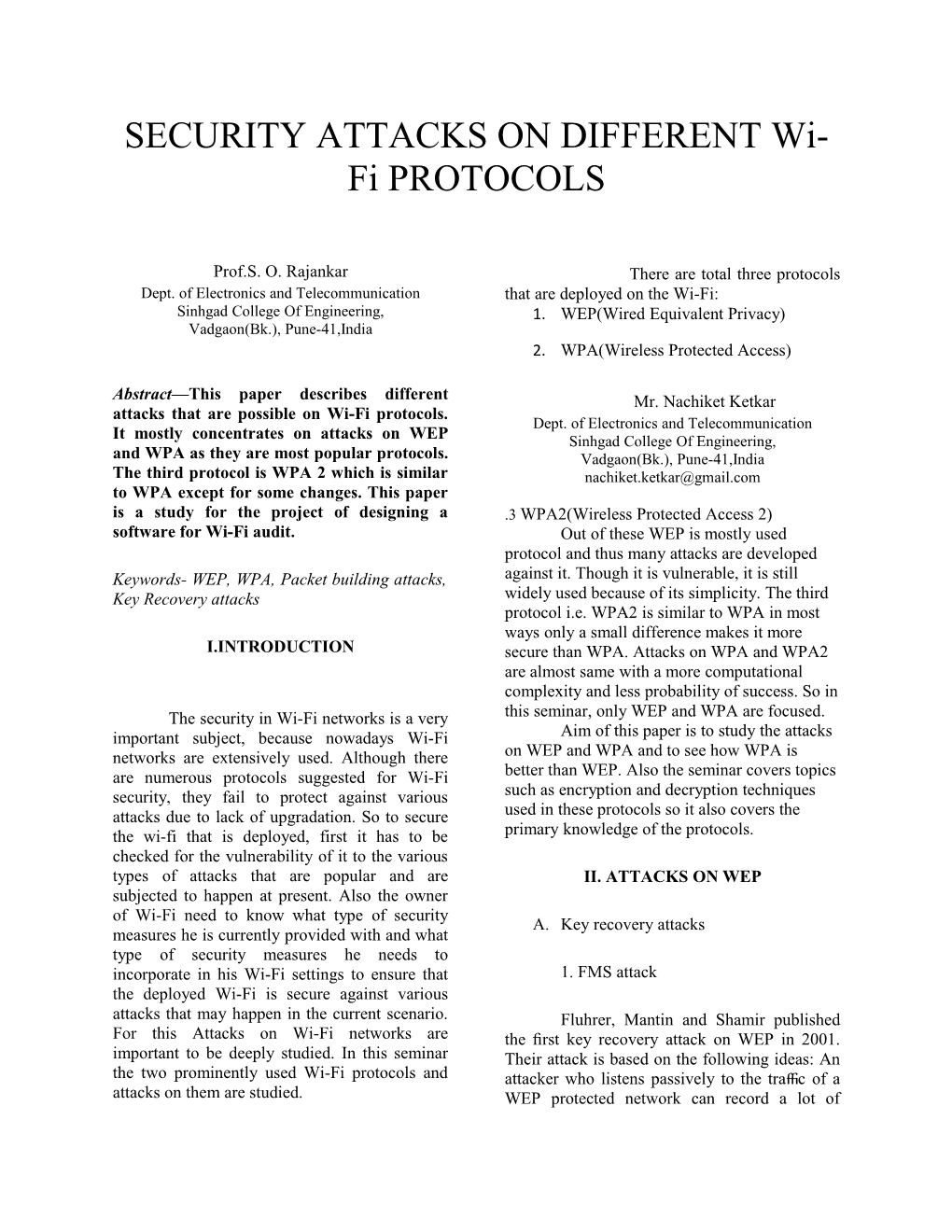 SECURITY ATTACKS on DIFFERENT Wi-Fi PROTOCOLS