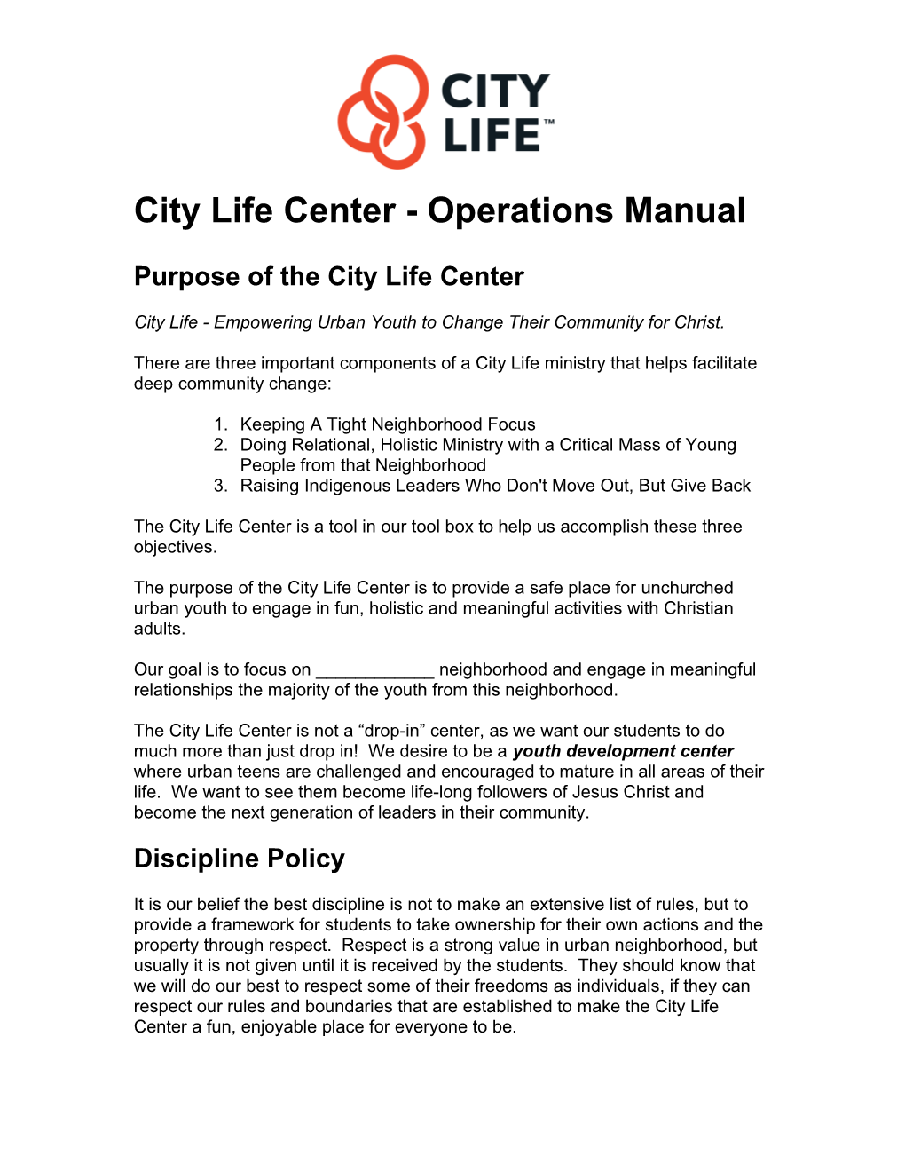 City Life Center - Operations Manual