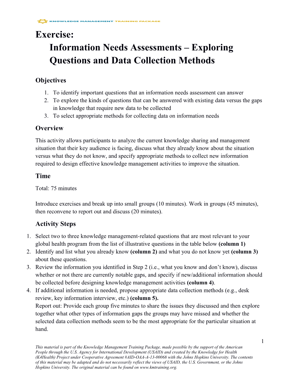 Exercise:Informationneeds Assessments Exploring Questions and Data Collection Methods